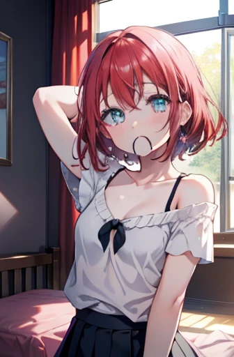 rubykurosawa, Ruby Kurosawa, Aqua Eye, Medium Hair, redhead, (Flat Chest:1.2),Off-the-shoulder sweater,bare clavicle,Bare neck,Exposing shoulders,Ray tracing of a pleated skirt, Global Illumination,Tie your hair in your mouth,head,1 girl, alone, Upper Body...