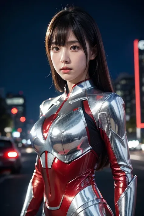 Ultraman、realistic、realistic、cinematic lighting, Girl in a shiny red and silver suit、15 years old、professional photos、Don&#39;Do not expose your skin, japanese model, japanese cgi、Ultraman Suit、, Power Rangers Suit、tight and thin cyber suit,Whole body rubb...