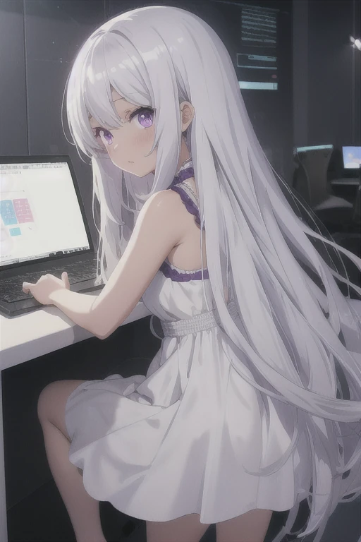 one girl, long hair, computer_chan,  little:1.5, one piece, white dress,  silver hair,  purple eyes, dark skin, white background...