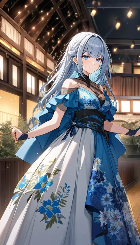 1lady,gallant,(blue_hair)|(gray_hair)0.5,long_hair,blue_eyes, smile,close_mouth,fusion of floral print blue kimono and ball gown,dance hall,cowboy shot,