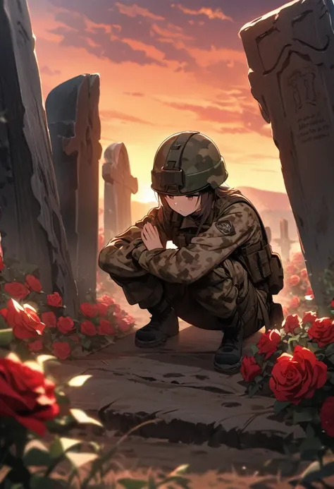 High quality, high definition images, full HD、8k.1 girl Short chestnut hair wearing combat uniform Wear a helmet deeply, carry a rifle on ones backdesert camouflage,sunset background,Many old gravestones made of wood,wide field,A helmet is hung on the grav...