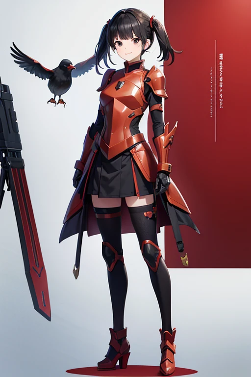 Anime drawings、Full body portrait、Space SF Armored Warrior、A standing woman, about 165cm tall, about 35 years old, wearing red armor、Smiling、Her hairstyle is short twin tails.、Black Hair、A small bird is perched on the right hand side、There are small birds ...