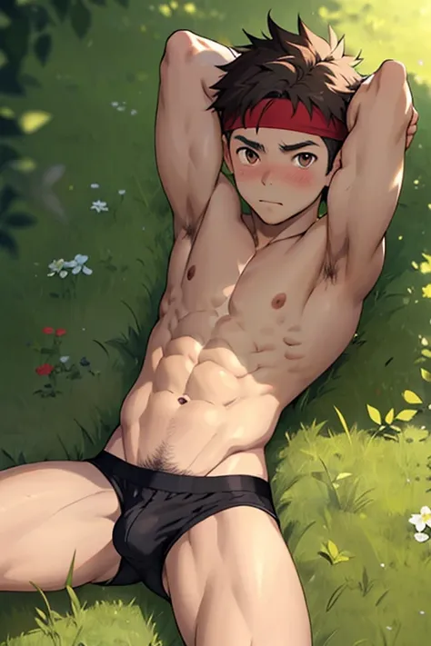 (Masterpiece, Best quality 12 year old boy，Shota), 1boys, (((Young,Shota))),Muscular, Short hair, with brown eye, Intricate, Grass, full bodyesbian, Shirtless, Muscles sparkle in the sun,Naked boy,((toddlers))，Black underwear,  Red headband, Vivid colors,(...