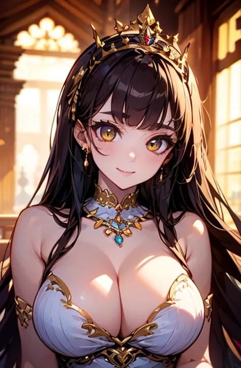 Princess , in castle, high quality, super quality, (detailed face:1.4) ,beautiful woman , golden eyes, long hair , tight gorgeous dress, tiara, necklace , earring , sharpe eyebrow , beautiful bangs are covering her eyes , huge breast  ,upper body  , smile 