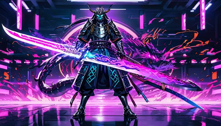 A samurai warrior is garbed in liquid metal armor with many dragon designs, wielding a neon lit blade, in a cyber punk arena, show full body