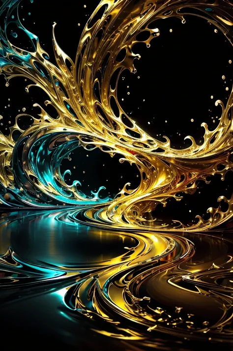 Vibrant shiny liquid gold metallic artistic representation in splash ink style ,A masterpiece of art explosion, Digital smooth liquid golden metal manifold complex,

                        elegant, vast, excellent, Vibrant black background