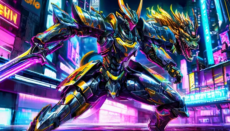 A samurai warrior in liquid metal armor with dragon designs, wielding a neon lit blade, in a cyberpunk arena, full body, (best quality,4k,8k,highres,masterpiece:1.2),ultra-detailed,(realistic,photorealistic,photo-realistic:1.37),HDR,UHD,studio lighting,ult...