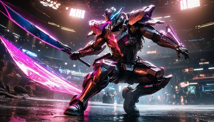 A samurai warrior in liquid metal armor with dragon designs, wielding a neon lit blade, in a cyberpunk arena, full body, (best quality,4k,8k,highres,masterpiece:1.2),ultra-detailed,(realistic,photorealistic,photo-realistic:1.37),HDR,UHD,studio lighting,ult...