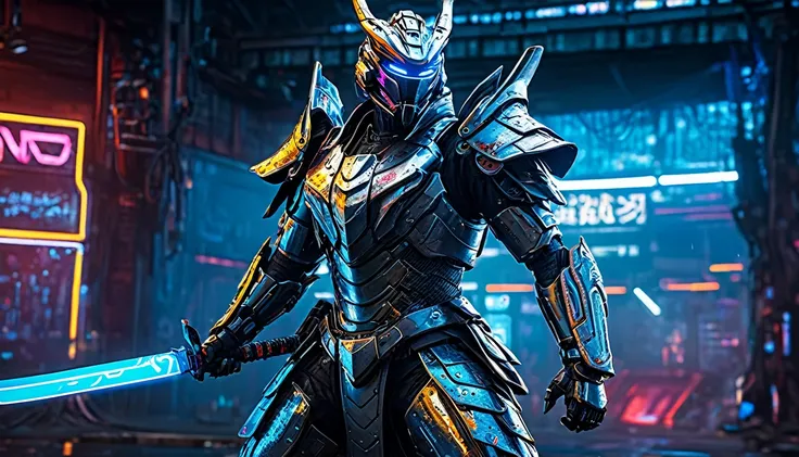 A samurai warrior in liquid metal armor with dragon designs, wielding a neon lit blade, in a cyberpunk arena, full body, (best quality,4k,8k,highres,masterpiece:1.2),ultra-detailed,(realistic,photorealistic,photo-realistic:1.37),HDR,UHD,studio lighting,ult...