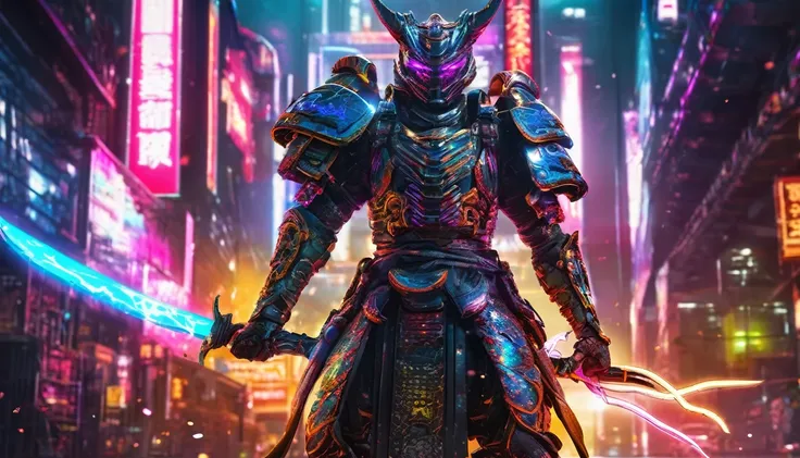 A samurai warrior in liquid metal armor with dragon designs, wielding a neon lit blade, in a cyberpunk arena, full body, (best quality,4k,8k,highres,masterpiece:1.2),ultra-detailed,(realistic,photorealistic,photo-realistic:1.37),HDR,UHD,studio lighting,ult...