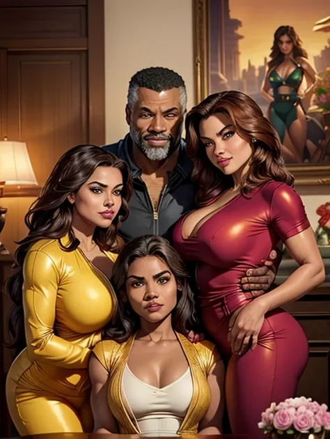 (best quality, 2k, masterpiece, qhd: 1.3, a handsome short haired african barbarian   man is surrounded by three women up agains...