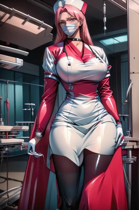 nurse uniform,hospital, latex nurse suit,nurses,busty,elbow gloves,labcoat,blonde hair woman,red eyes , gigantic ,medical instru...