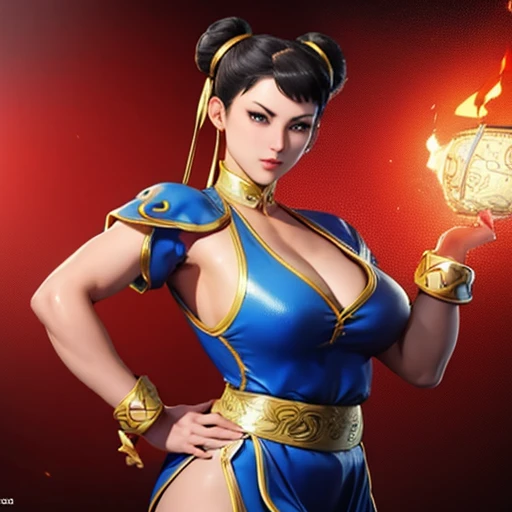 Chun Li  labios rojos  cuerpo firme senos perfectos traje iconico de Chun Li pose de pelea wingchun 