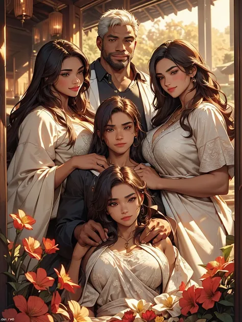 (best quality, 2k, masterpiece, qhd: 1.3, a handsome short haired african barbarian   man is surrounded by three women up agains...