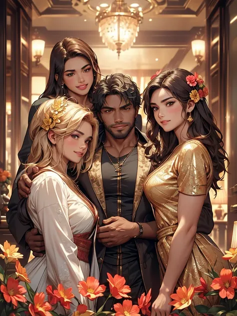 (best quality, 2k, masterpiece, qhd: 1.3, a handsome short haired african barbarian   man is surrounded by three women up agains...