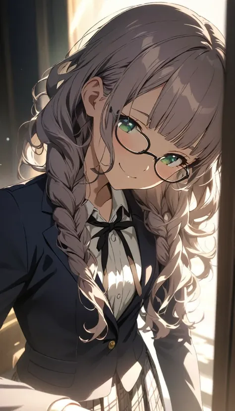 (Cute a girl:1.5), (masterpiece:1.3), anime visual, (school uniform Navy blazer, black ribbon tie, white blouse, checked skirt:1.3 ), (Lovey-dovey:1.5), (tilt head:1.3), extremely delicate face, soft clean focus, realistic lighting and shading, (an extreme...