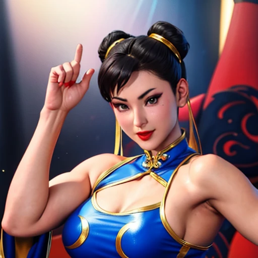 detailed image of chun li red lips detailed face happy chinese black dress performing her iconic victory pose