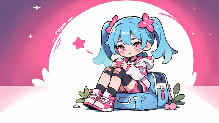 masterpiece, best quality, 8k, cinematic light, ultra high res, chibi, 1girl, bag, backpack, solo, multicolored hair, shorts, star , (symbol), blue hair, hood, sitting, pink hair, star hair ornament, head rest, socks, pink footwear, black shorts, hair orna...