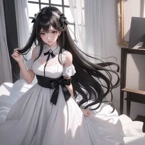 1 girl , long wavy hair , dark hair color , Tie your hair on both sides and tie a black bow. , Dark eye color , white dress , divving room ,
bright , Clear light and shadow , very beautiful , fit , hydrated , 3D 