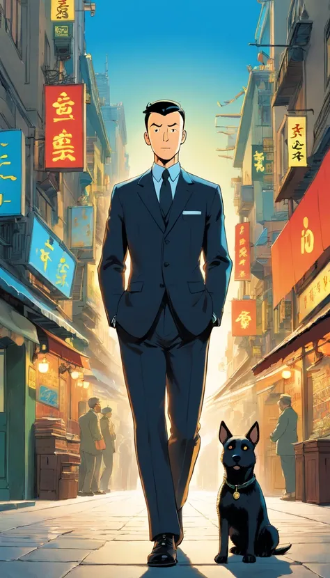 Tintin, male wearing tactical spy black suit, slick and neat short black hair, herge, european comics, heroic pose, futuristic cyberpunk city background 