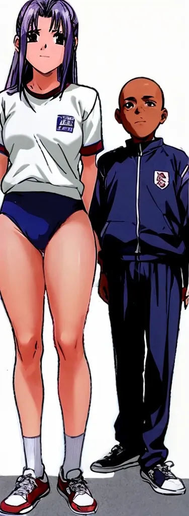 Momoko Koigakubo, a tall girl with beautiful legs, is standing with her legs spread to the sides in a white gym uniform and light navy blue bloomers that look like panties.。Next to Momoko Koigakubo, a fifth-grade boy with a shaved head and wearing a tracks...