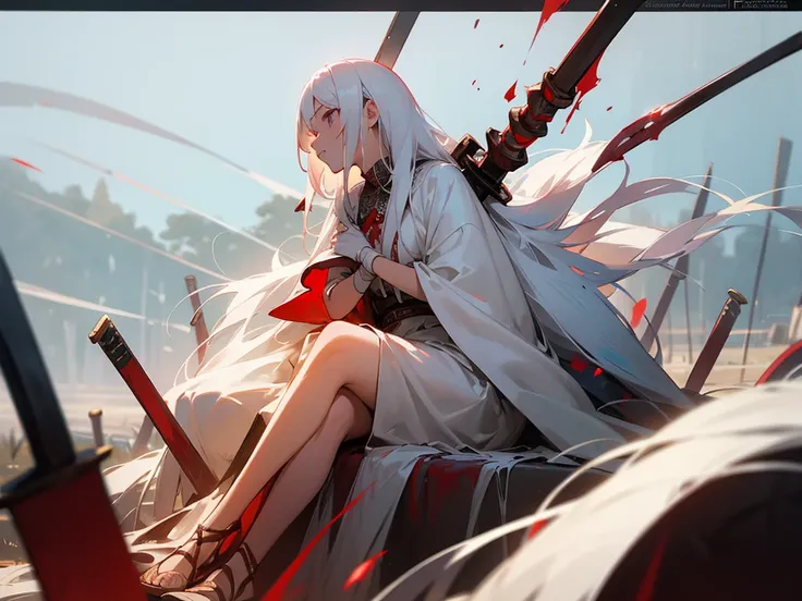 1girl with long white hair sitting in a field of war with spears and swords with blood, her eye is red, warm lighting, white dress, grey foreground