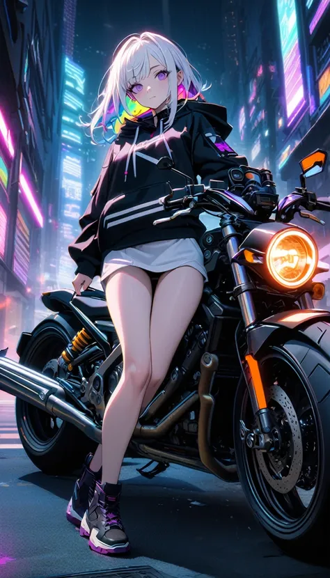 8K resolution，Handsome, solitary, 1 female, Medium Length Hair, white hair, Rainbow hair, Purple Eyes, Black and white hood, Futuristic, Cyberpunk, Cybernetics，Bare Legs，motorcycle，night