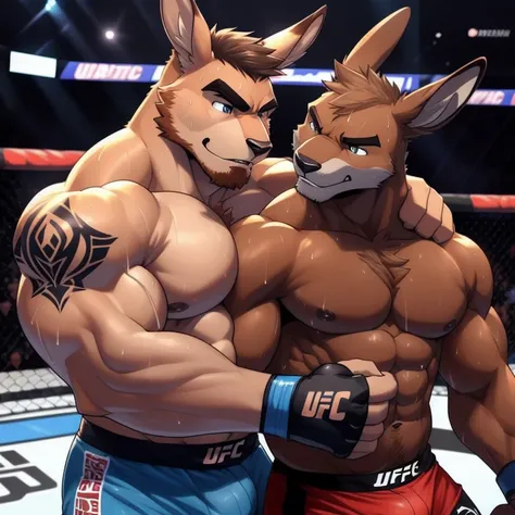 Duo male(Brown Kangaroo vs Brown Kangaroo, handsomes, perfect eyes, Thick eyebrows), gay(Cuddling embraced from behind, hold neck, in a UFC match), hot(Shirtless), handsomes(They are handsomes, correct anatomy), musculosos(Big muscle bodies, Six packs, mus...