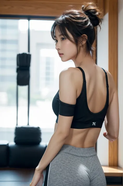 best quality, 8k, highly detailed face and skin texture, high resolution, huge booty short hair japanese girl in sports bra and yoga pants, stand at gym, looking at viewer, full body, back view, sharp focus