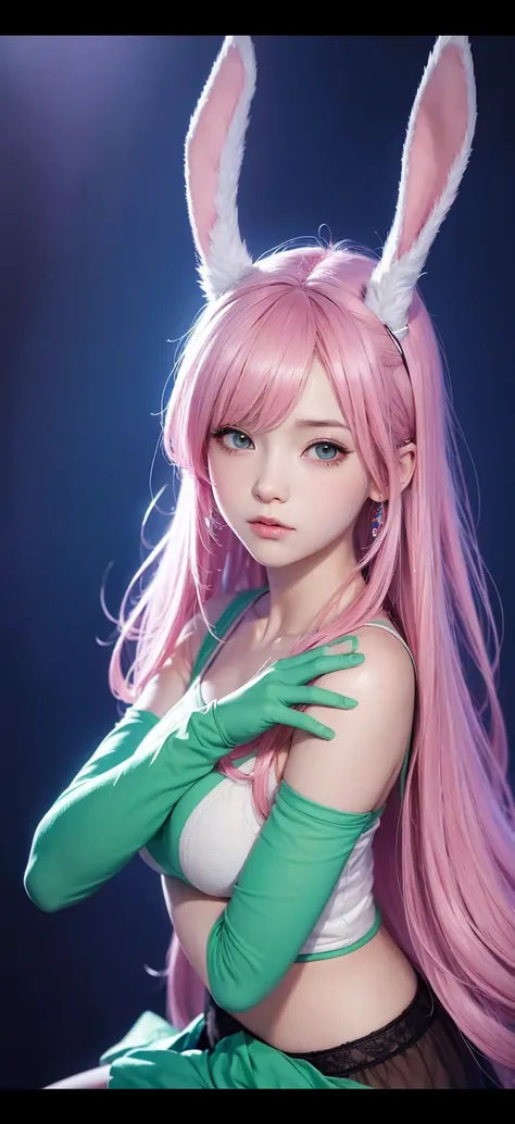 a cute anime girl with pink hair and bunny ears, holding a green glove, detailed portrait, knights of the zodiac girl, stylized anime art, painted in anime painter studio, digital anime illustration, artwork in the style of guweiz, character art closeup, l...