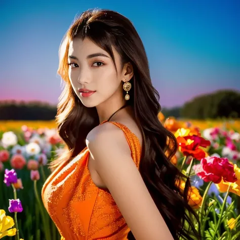 Araaf woman in an orange dress stands in a field of flowers., beautiful Asian girl, better known as Zinnia, Beautiful Asian woman, Zinnia, Asian girl, Model 5 0 0 pixels, Fluorescent Red, Anna Nikonova aka New Milky, Alina, Enami and Argerm, glowing red an...