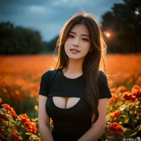 arafed woman in a black dress posing In a field of flowers, beautiful asian girl, หน้าผากสาวIn a field of flowers, In a field of flowers, very beautiful woman, beautiful woman, หญิงสาวIn a field of flowers, beautiful female model, sexy girl, attractive wom...