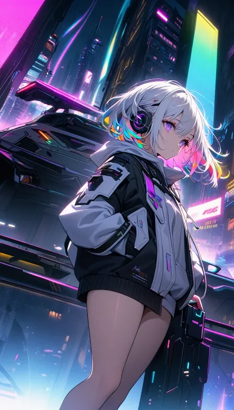 8K resolution，Handsome, solitary, 1 female, Medium Length Hair, white hair, Rainbow hair, Purple Eyes，Exquisite eyes, Black and white hood, Futuristic, Cyberpunk, Cybernetics，Bare Legs，Armored Vehicles，night，earphone