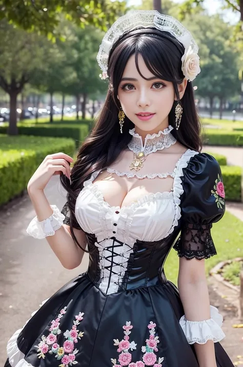 sexy stylish Spanish model, only 1 female, ((doll-like appearance)), ((ultra detailed Victorian-Style boots)), beautiful smile, ultra detailed eyes, vivid eye makeup, lipgloss, long lashes, defined eyebrows, ((sexy Paradise Kiss cosplay)), bell-shaped skir...