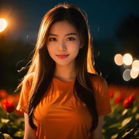 Araaf woman wearing an orange shirt stands in a field of flowers., Warm light from the lights, beautiful Asian girl, attractive woman, Asian girl, beautiful asian woman, Orange Light, warm Orange Light, Chinese girl, asian woman, asian woman, an asian woma...