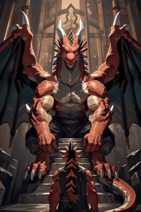 a huge red dragon,dragon with red scales,dragon on a throne,dragon staring at a boy,dragon tapping talon on throne,boy looking u...