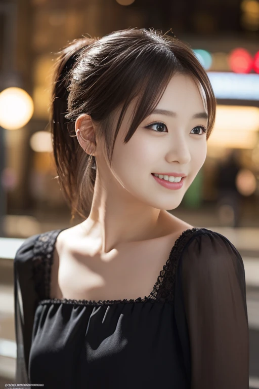 1 girl, (Wearing a black blouse:1.2), Beautiful Japanese actresses, (ponytail:1.3),
(RAW Photos, highest quality), (Realistic, Photorealistic:1.4), masterpiece, 
Very delicate and beautiful, Very detailed, 2k wallpaper, wonderful, 
finely, Very detailed CG...