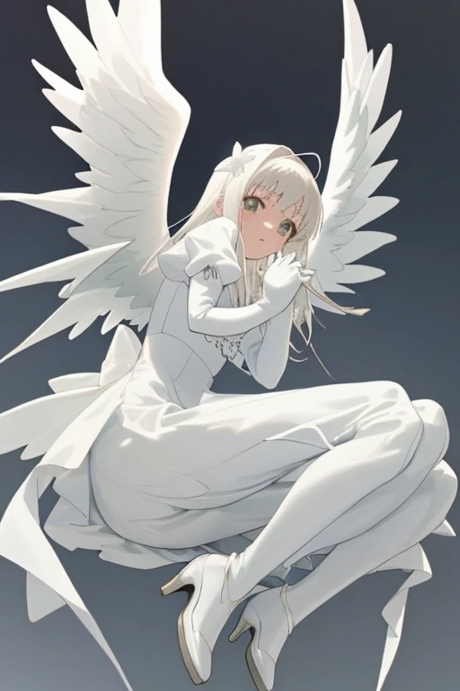 Waifu_anime_Angel vestido blanco, guantes blancos, tacones blancos, angel wings, paraiso con flores