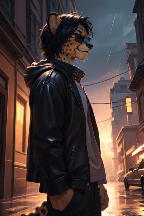 a cheetah humanoid male, photorealistic, 1 person, wearing casual clothes, standing in the rain, around 20 years old, tall, messy black hair, cheetah facial features, slim body with a cheetah tail, wearing sunglasses, has a slight smile, furry, feminine ap...