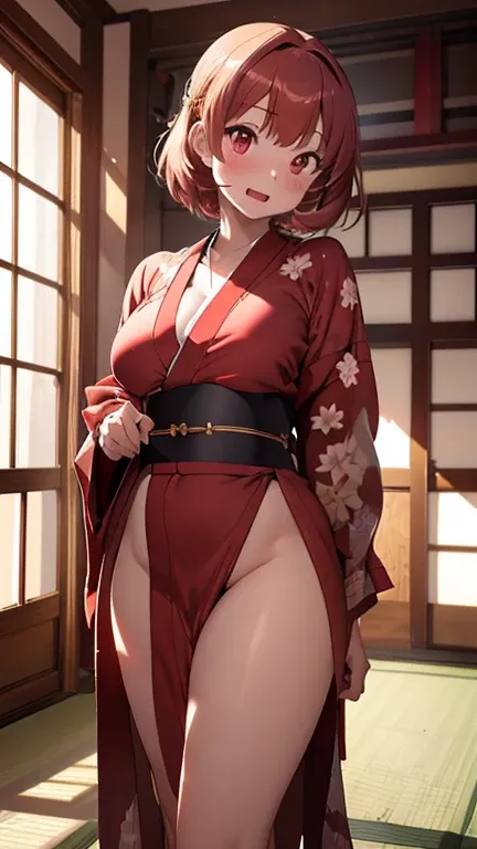 mastute piece,Best Quality,insanely detailed,8k cg,nsfw,
shoot upper body,(body in front:1.1),
1girl,standing,looking at viewer,Proudly、(upright:1.3),(transparent Whitney kimono:1.4),
break,blush,shy,(trembling:1.2),break,(Red color hair),(large breasts),S...