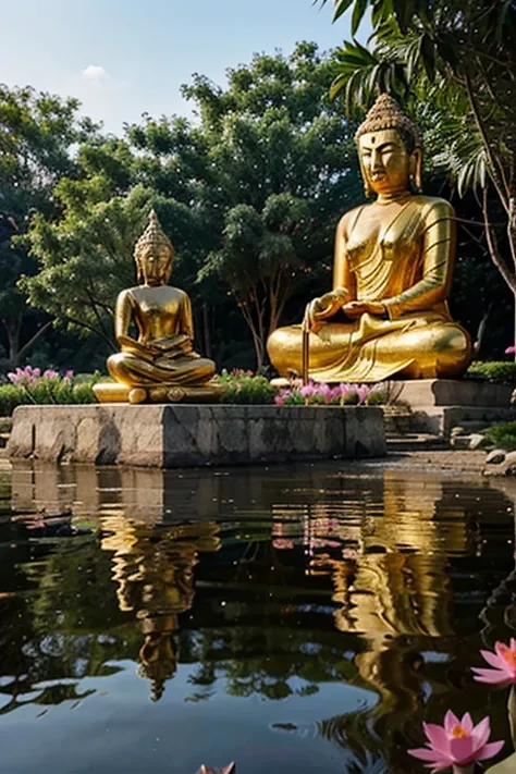 Create an image to celebrate Happy Buddha Purnima. The scene should depict a serene outdoor setting with a large, majestic Buddha statue surrounded by vibrant lotus flowers. Include soft, warm lighting that highlights the tranquility and reverence of the o...