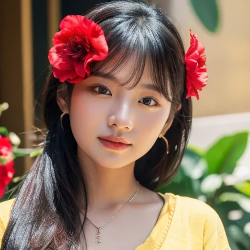 frontal photo Looking straight into the camera,8k quality,, Close-up photo of a cute Korean woman,Chest size 38 inches, His long, black hair flowed up.,)  There are beautiful red flowers on her head., ponytail, Wear a dark yellow t-shirt.,  necklace, Insid...