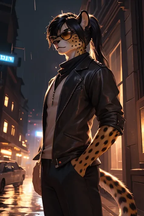 a cheetah humanoid male, photorealistic, 1 person, wearing casual clothes, standing in the rain, around 20 years old, tall, messy black hair, cheetah facial features, slim body with a cheetah tail, wearing sunglasses, has a slight smile, furry, feminine ap...