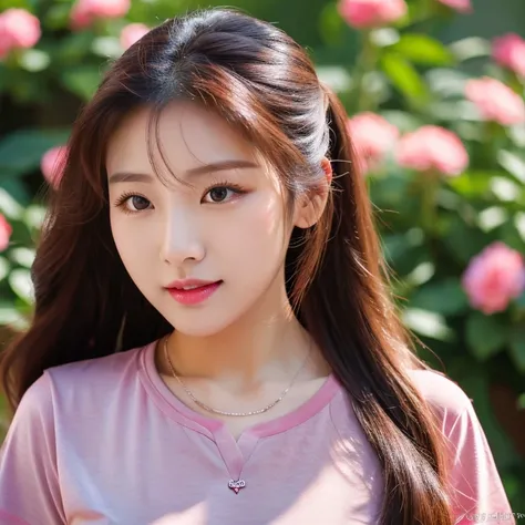 frontal photo Looking straight into the camera,8k quality,, Close-up photo of a cute Korean woman,Chest size 32 inches, His long hair flowed up.,) ponytail, Wear a crimson T-shirt., necklace, exterior outdoor flowers,  Taken with a high quality camera 45,0...