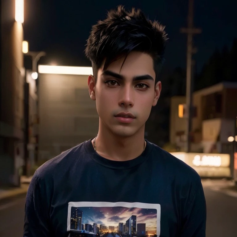 Man Aarav stands in the middle of the road at night., Headshot profile picture, Portrait in the middle of a shot, Portrait of Jughead Jones, Rick Dai, Inspiration from John Luke, Andrew Thomas Wang, Damian Tran, Headshot, Alex Miranda, high quality vertica...