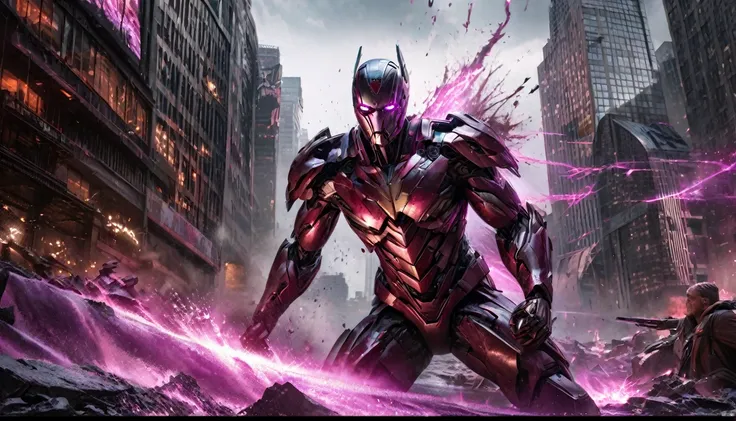 A highly detailed, hyper-realistic, alien violet gradient liquid metal robot, extremely intricate robotic features, glowing purple eyes, sharp metallic claws, wields powerful energy weapons, epic battle with Marvels Iron Man, dramatic action scene, downtow...