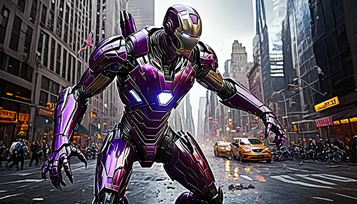 A highly detailed, hyper-realistic, alien violet gradient liquid metal robot, extremely intricate robotic features, glowing purple eyes, sharp metallic claws, wields powerful energy weapons, epic battle with Marvels Iron Man, dramatic action scene, downtow...