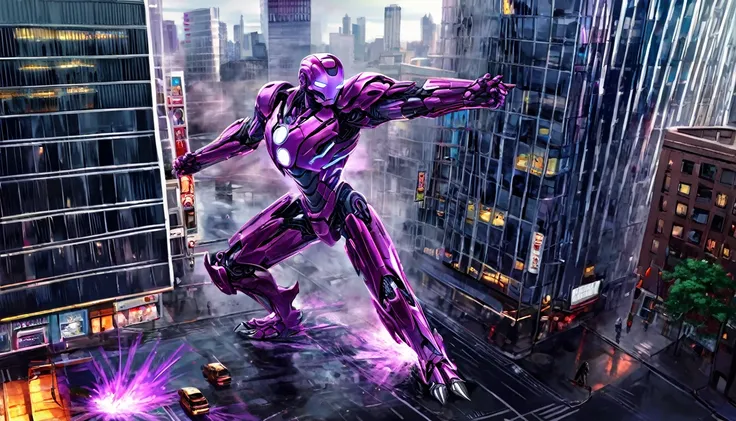 A highly detailed, hyper-realistic, alien violet gradient liquid metal robot, extremely intricate robotic features, glowing purple eyes, sharp metallic claws, wields powerful energy weapons, epic battle with Marvels Iron Man, dramatic action scene, downtow...