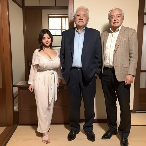 High resolution、high resolution、High detail、masterpiece、Realistic Skin,、roughly exactly)、(Two men and a woman standing together)、((Cute busty 27 year old Japanese woman、75 year old Japanese grandfather)）、((whole body_From head to toe))、One&#39;Home,((NSFW)...