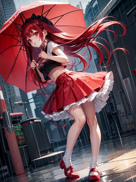 Red long hair girl red eyes wearing red crop top red skirt white socjs red shoes having umbrella during heavy rain